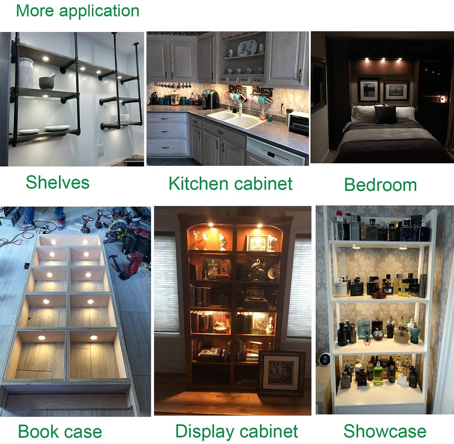 Dimmable LED Under Cabinet Lighting, Counter Showcase Kitchen Lighting Fixtures with 12V Plug in Adapter and Dimmable Wireless Remote Control, 6 Ultra Slim Puck Lights Kit (Daylight White)