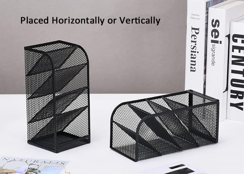 Modern Metal Mesh Pencil Holder, 5-Compartment Desk Organiser, Black Angled Pen Holder