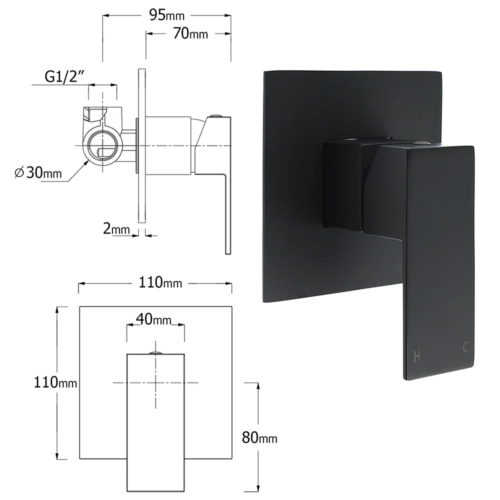 Dual Shower Square Large 12" Rainfall Head 3 Modes Handheld Wall Rail Mixer Matt Black