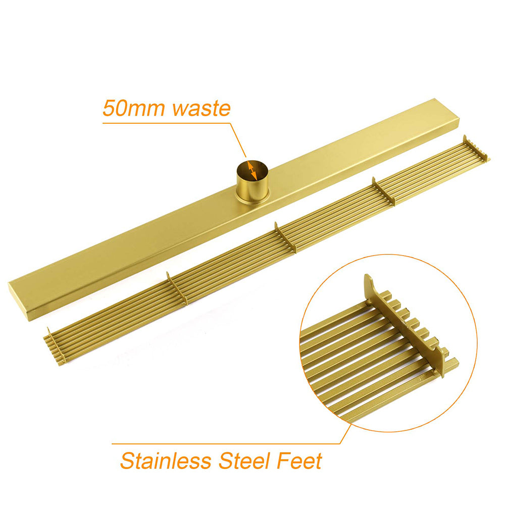 Brushed Gold Bathroom 800mm Strip Fence Long Shower Grate Floor Drain 50mm Waste