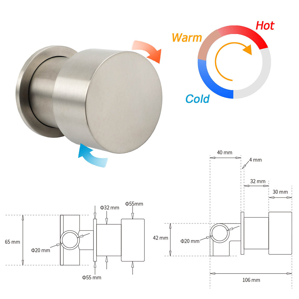 Brushed Nickel 2in1 Shower Set Sliding Rail Arm 8" Round Head Metal Handheld Hot Cold Mixer Valve