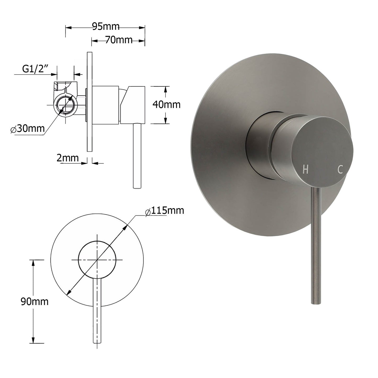 WELS Gun Metal Round 10" Twin Shower Head 3 Modes Handheld Slide Rail Diverter Mixer