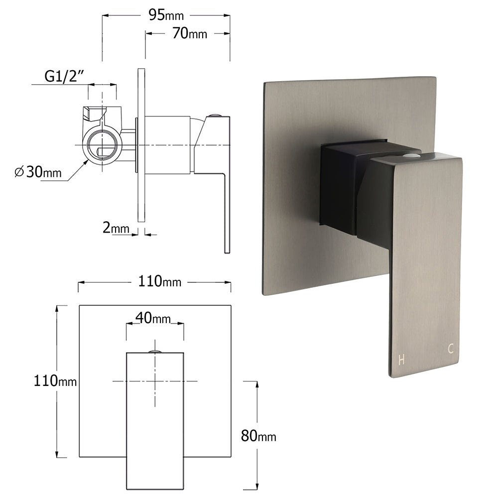 WELS Gun Metal 2in1 Shower Set Square 10" Rain Head Handheld Silde Rail Hot Cold Mixer