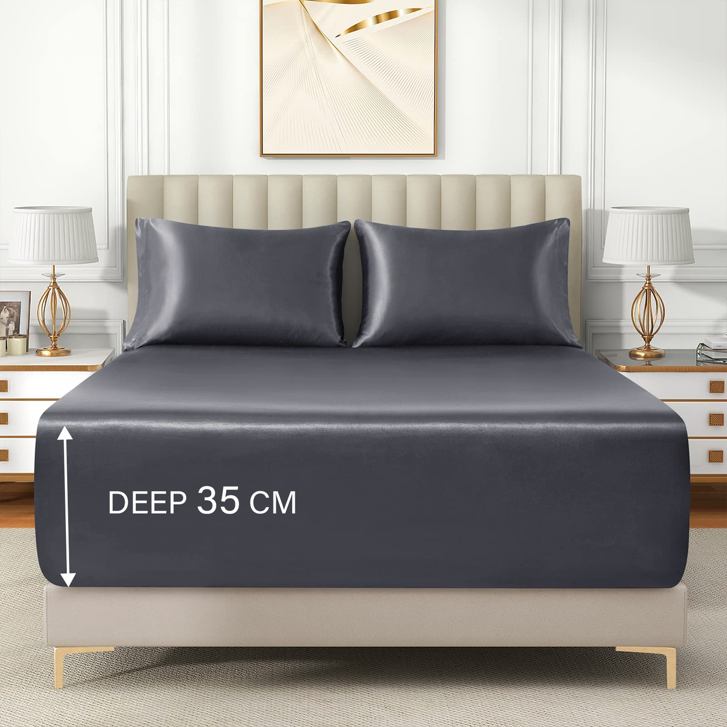 Satin Fitted Sheet Set Hotel 3 Pieces Fitted Sheet with Pillowcase, Art Silk Bedding Set-Luxury Soft Silky Sheets for Hair and Skin, Similar to Silk Fitted Sheets Set 3 Pieces(Double,Grey)