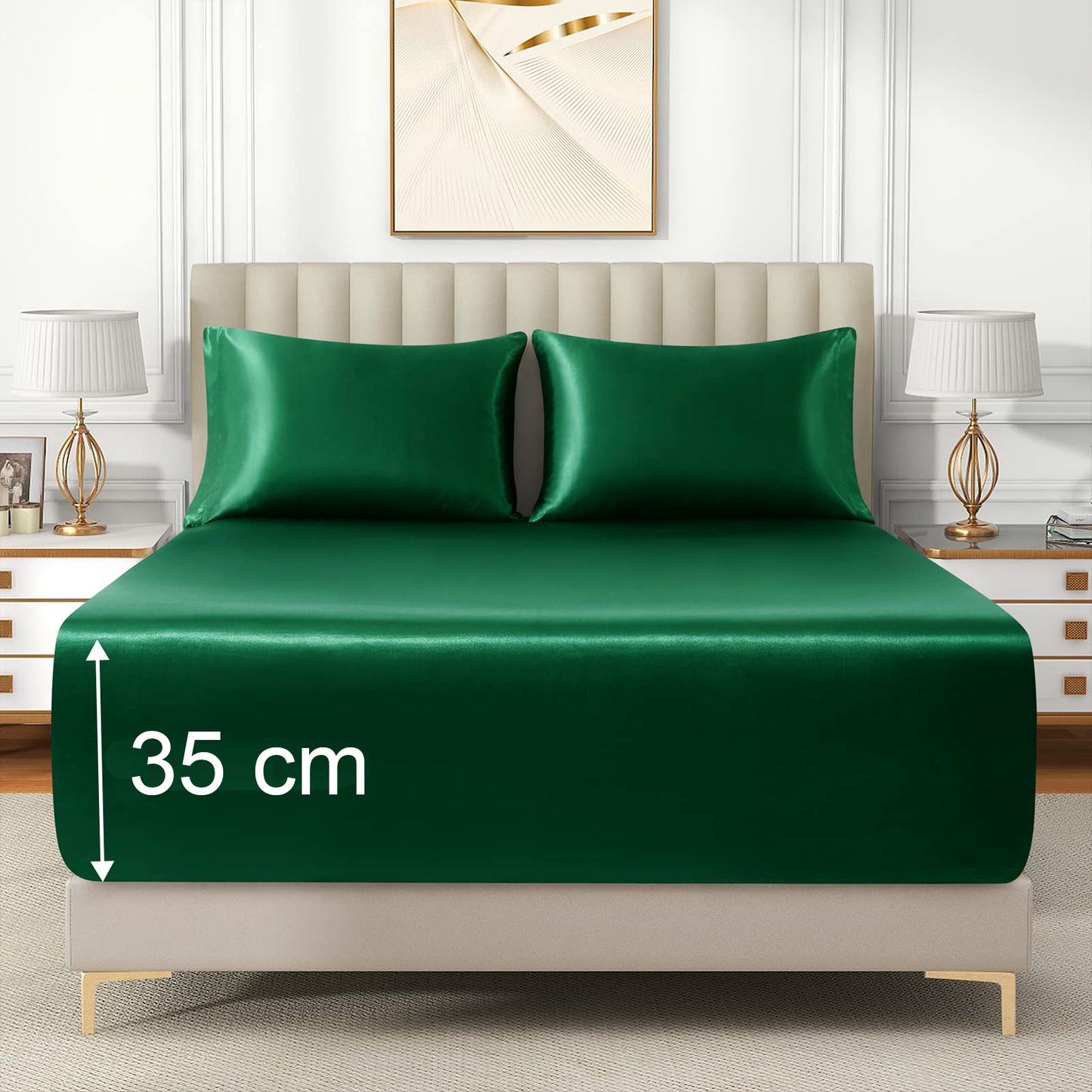 Satin Fitted Sheet Set Hotel 3 Pieces Fitted Sheet with Pillowcase, Art Silk Bedding Set-Luxury Soft Silky Sheets for Hair and Skin, Similar to Silk Fitted Sheets Set 3 Pieces(Queen,Green)
