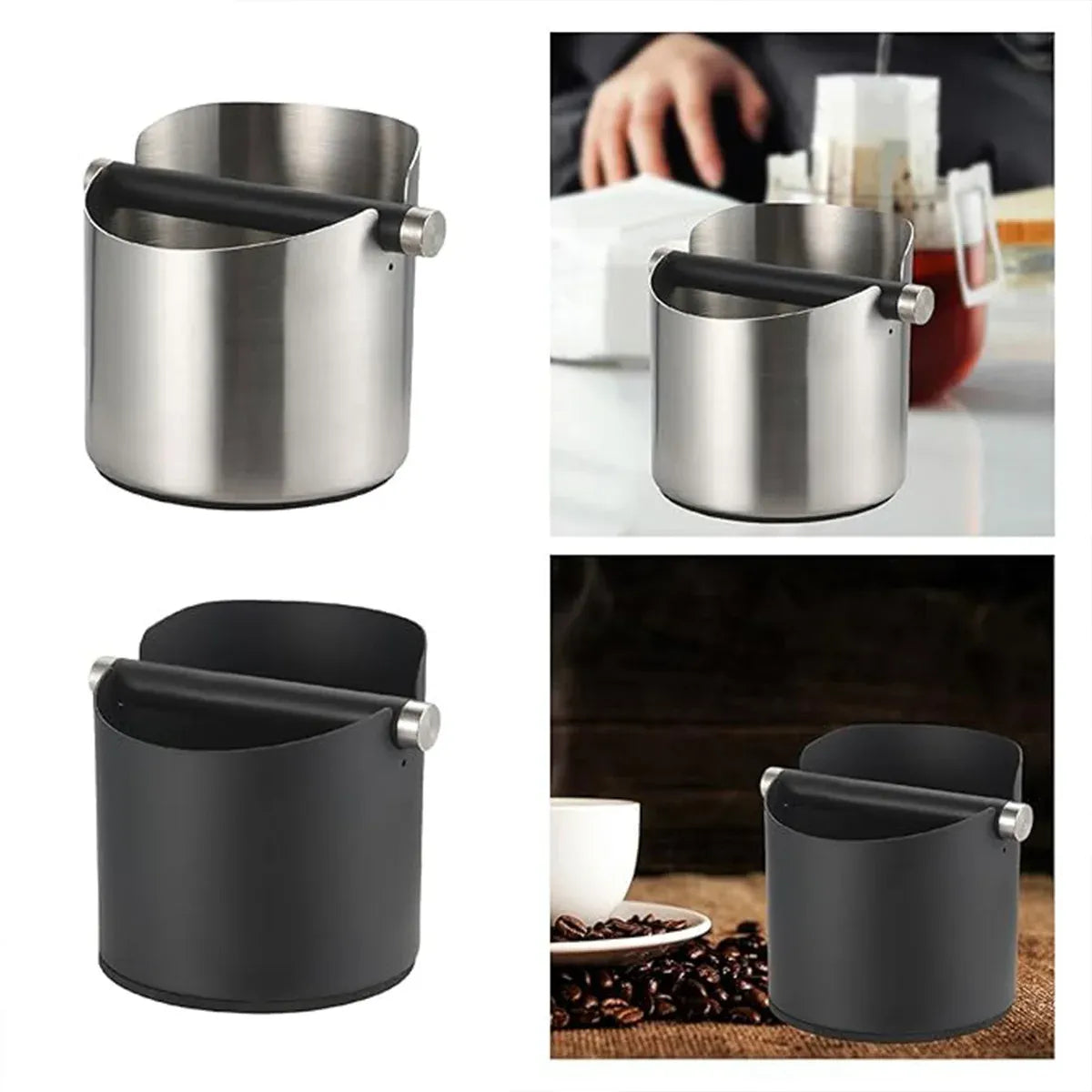 Stainless Steel Coffee Grounds Knock Box Round Tap Bucket for Household Espresso - Black
