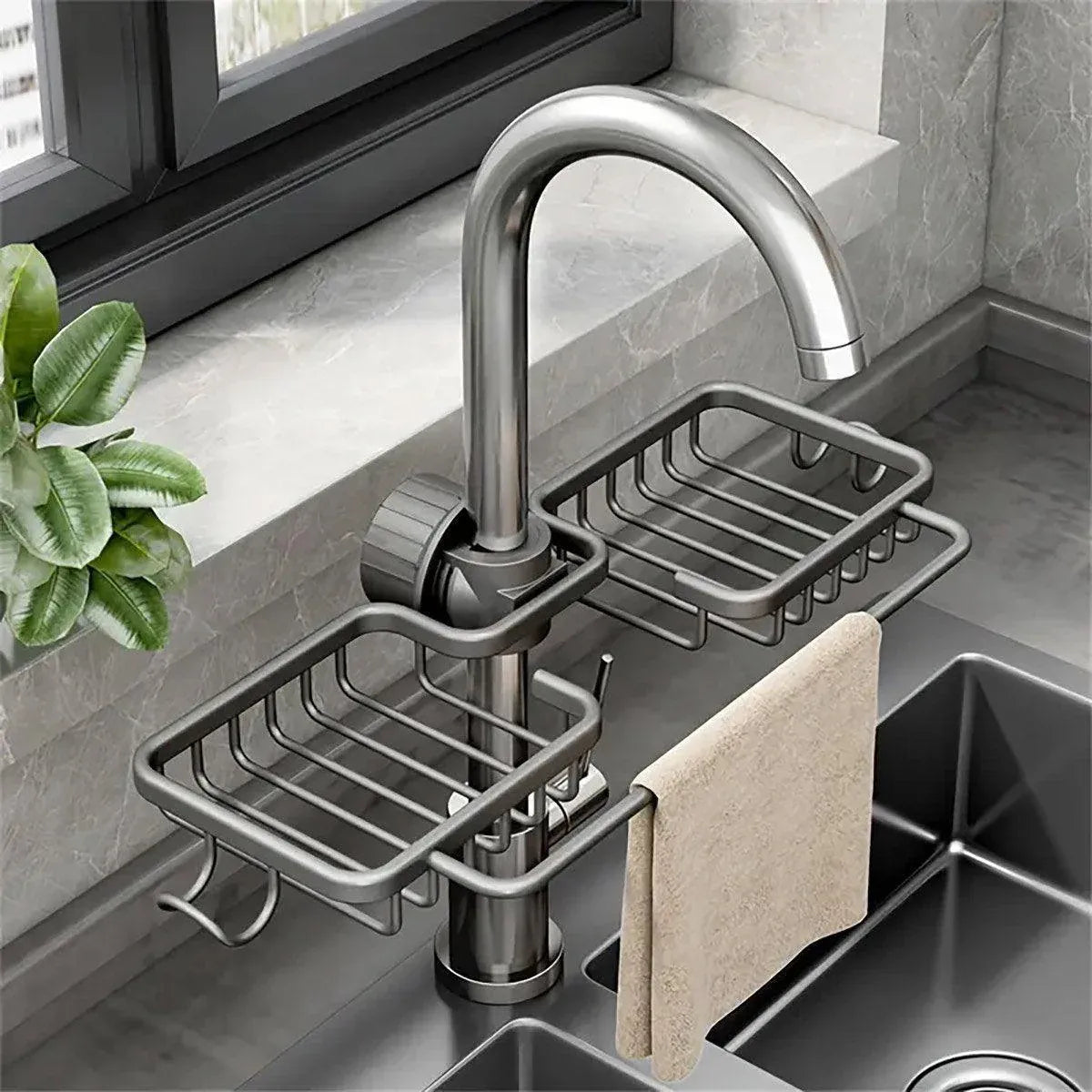 Multifunctional Faucet Shelf Kitchen Storage Sink Draining Basket Household Rack - Silver