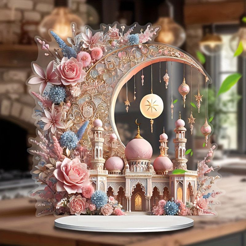 2D Ramadan Crescent Moon & Mosque Acrylic Decor