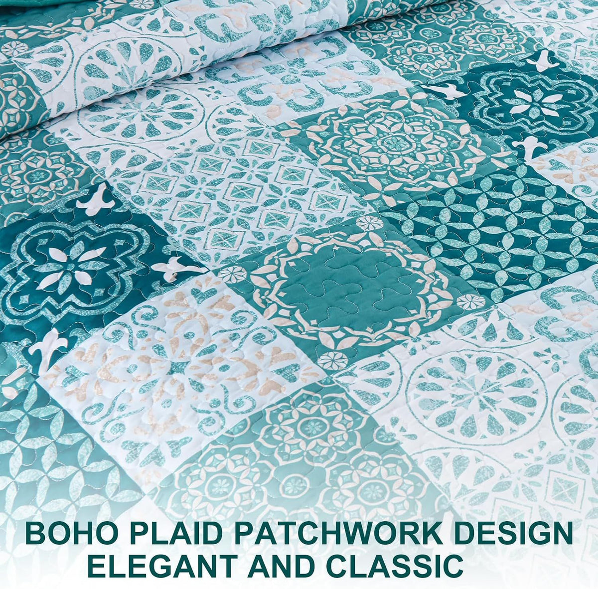 Teal Boho Mosaic Patchwork Coverlet Bedspread Set