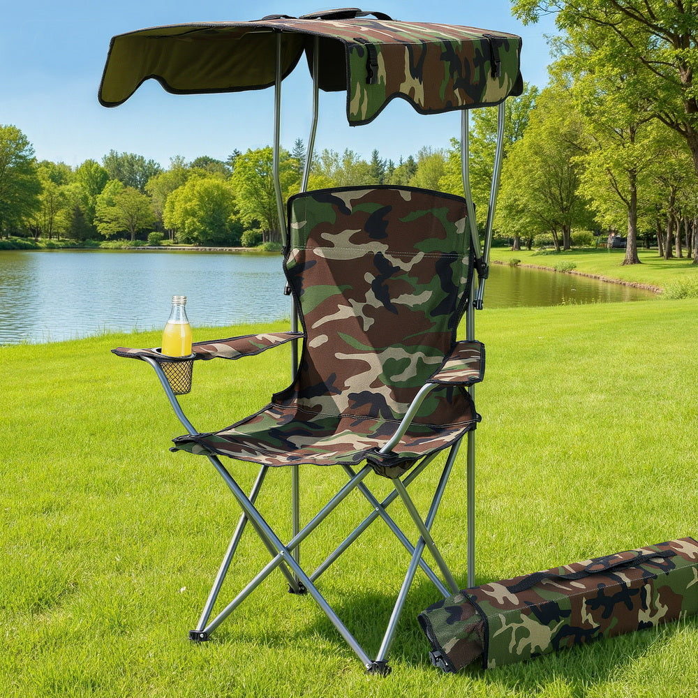 Weisshorn Camping Chair With Canopy Folding Outdoor Portable Seat Lightweight Beach Picnic Fishing Capacity 120KG Army Green