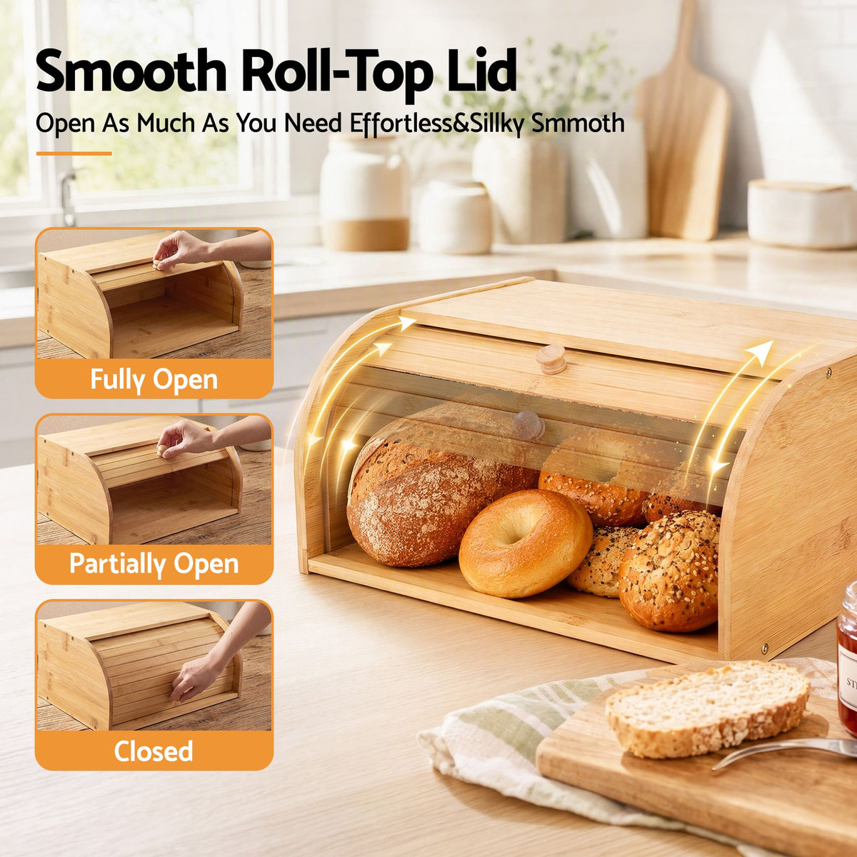 Artiss Bamboo Bread Box Bin Roll Top Kitchen Countertop Storage 45cm Natural