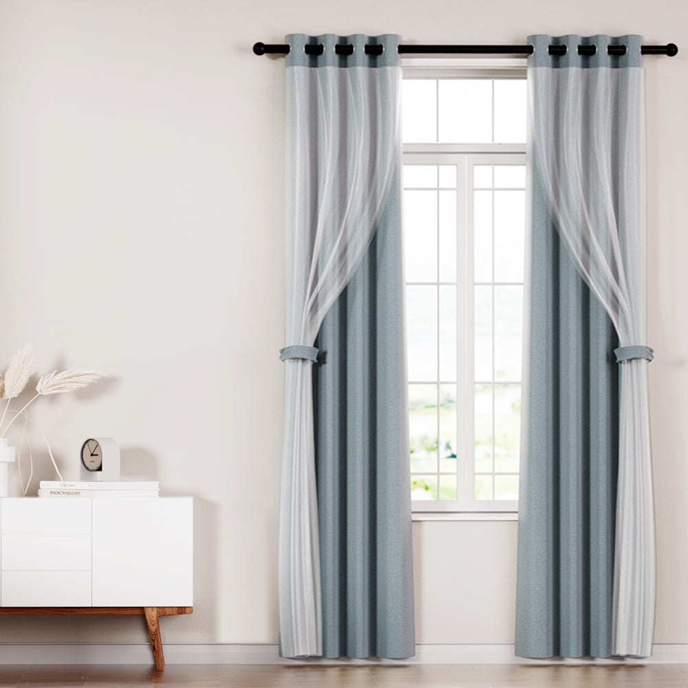 Artiss 2X 132x160cm Blockout Sheer Curtains Light Grey