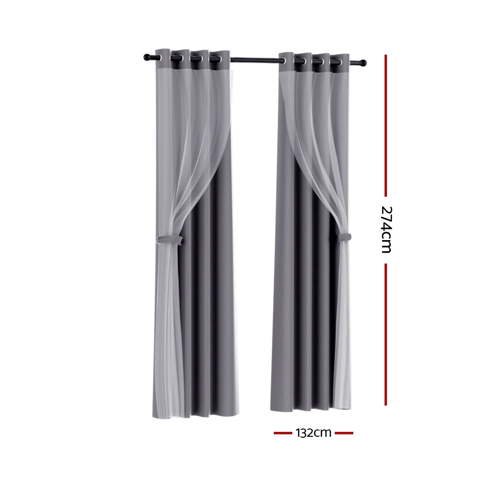 Artiss 2X 132x274cm Blockout Sheer Curtains Charcoal