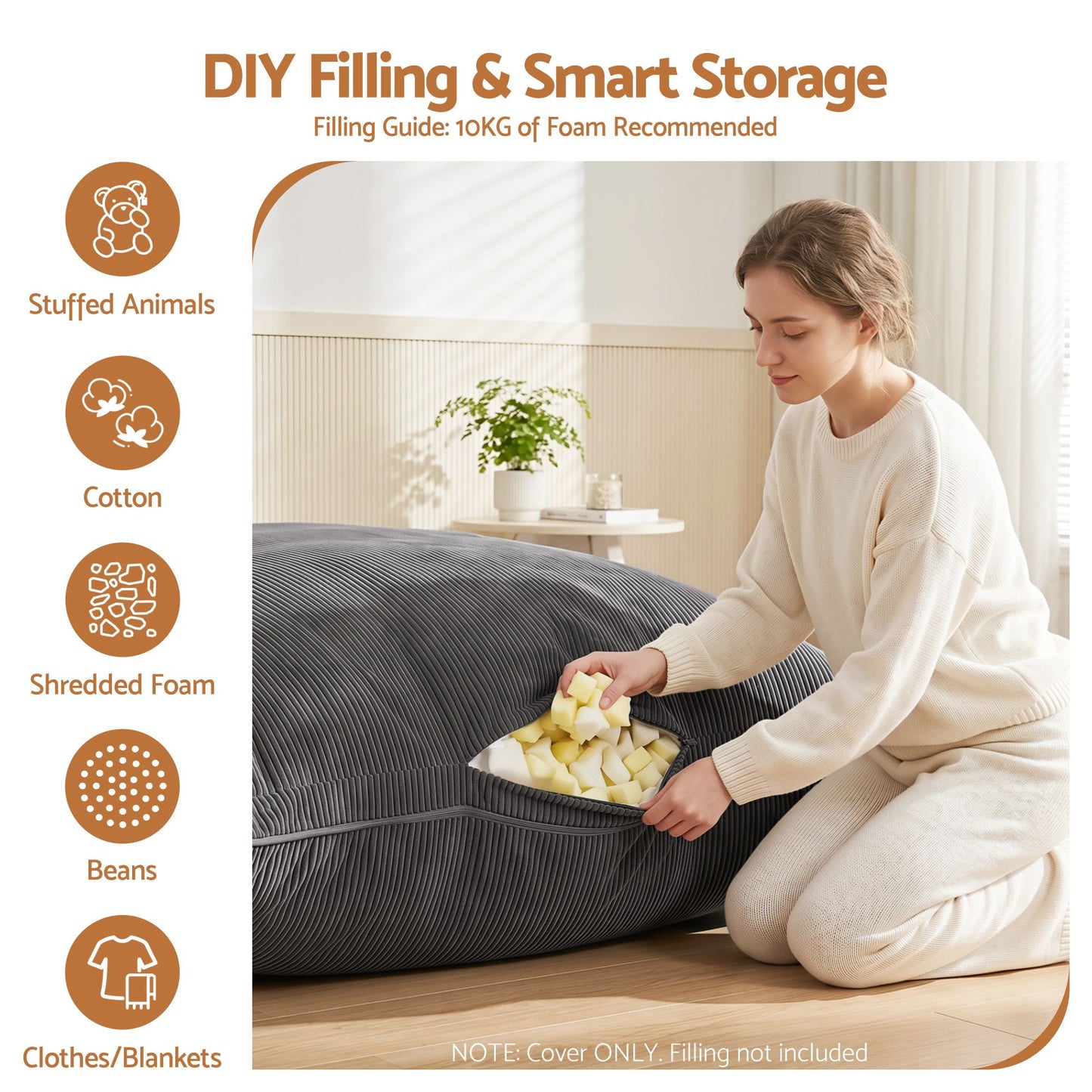 Artiss 3 in 1 Bean Bag Chair Cover (No Filler) Convertible Bean Bag for Adults, Corduroy Stuffed Animal Storage Bean Bag Cover Washable for Living Room Bedroom, Grey
