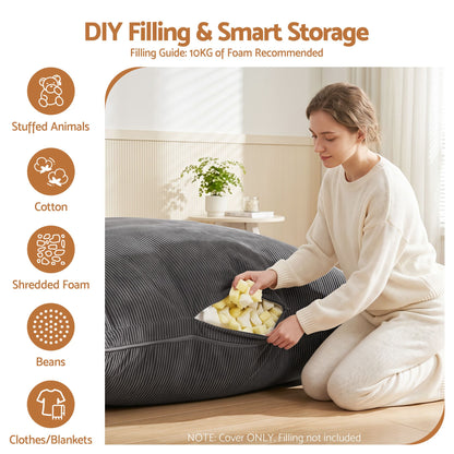 Artiss 3 in 1 Bean Bag Chair Cover (No Filler) Convertible Bean Bag for Adults, Corduroy Stuffed Animal Storage Bean Bag Cover Washable for Living Room Bedroom, Grey