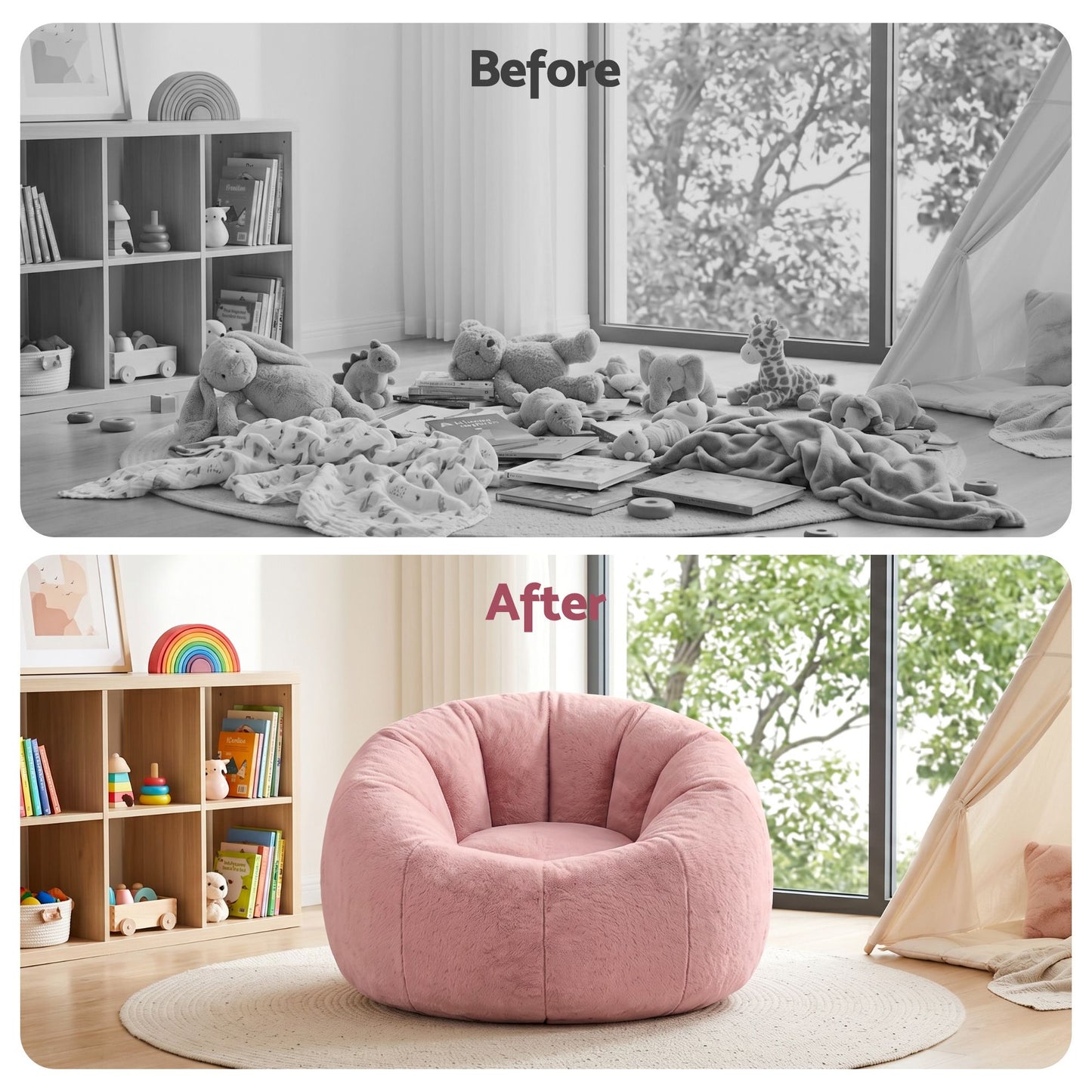 Artiss Bean Bag Chair Cover (No Filler) Soft Faux Fur Beanbag Cover Large Round Stuffed Animal Storage Bean Bag Cover Washable Lazy Sofa Cover for Adults Kids Teens, Pink