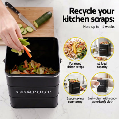Gardeon 5L Compost Bin Kitchen Countertop Food Waste Caddy Black