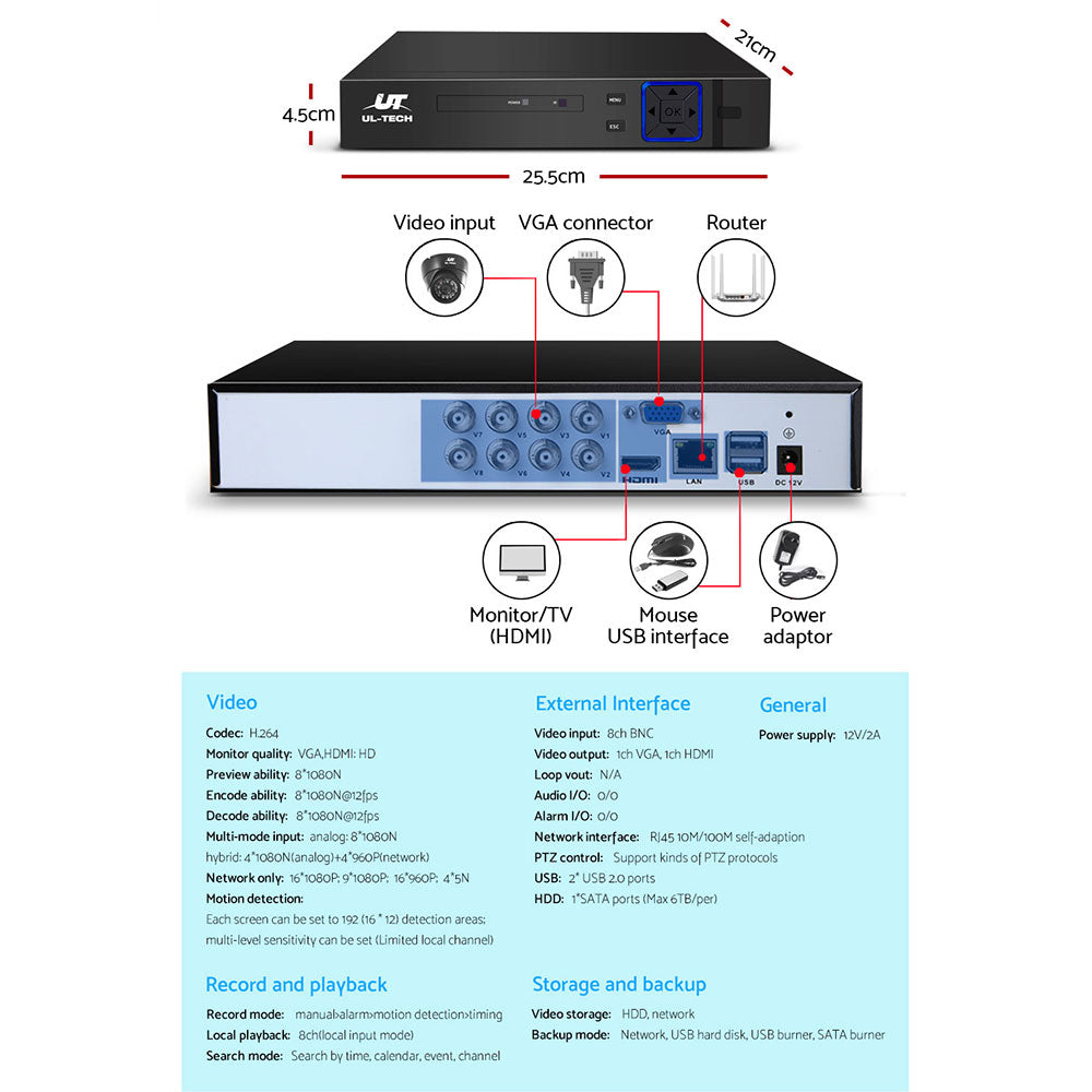 UL-tech CCTV Security System 8CH DVR 8 Cameras 1080p