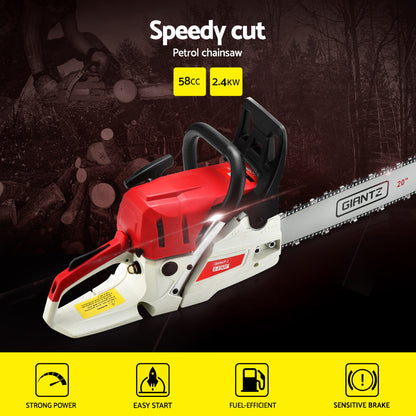 Giantz 58cc Petrol Chainsaw 20 Inch Bar Chain Saw Tree Pruner 2 Stroke E-Start
