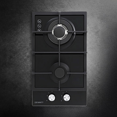 Devanti Gas Cooktop 30cm 2 Burner Built-in Stove Glass Cook Top NG LPG Wok Burner