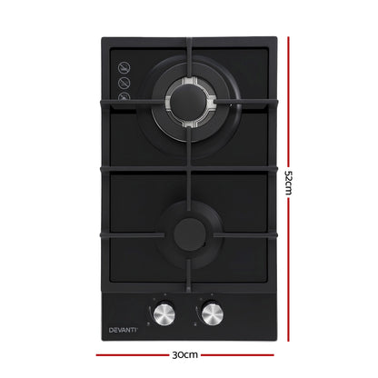 Devanti Gas Cooktop 30cm 2 Burner Built-in Stove Glass Cook Top NG LPG Wok Burner