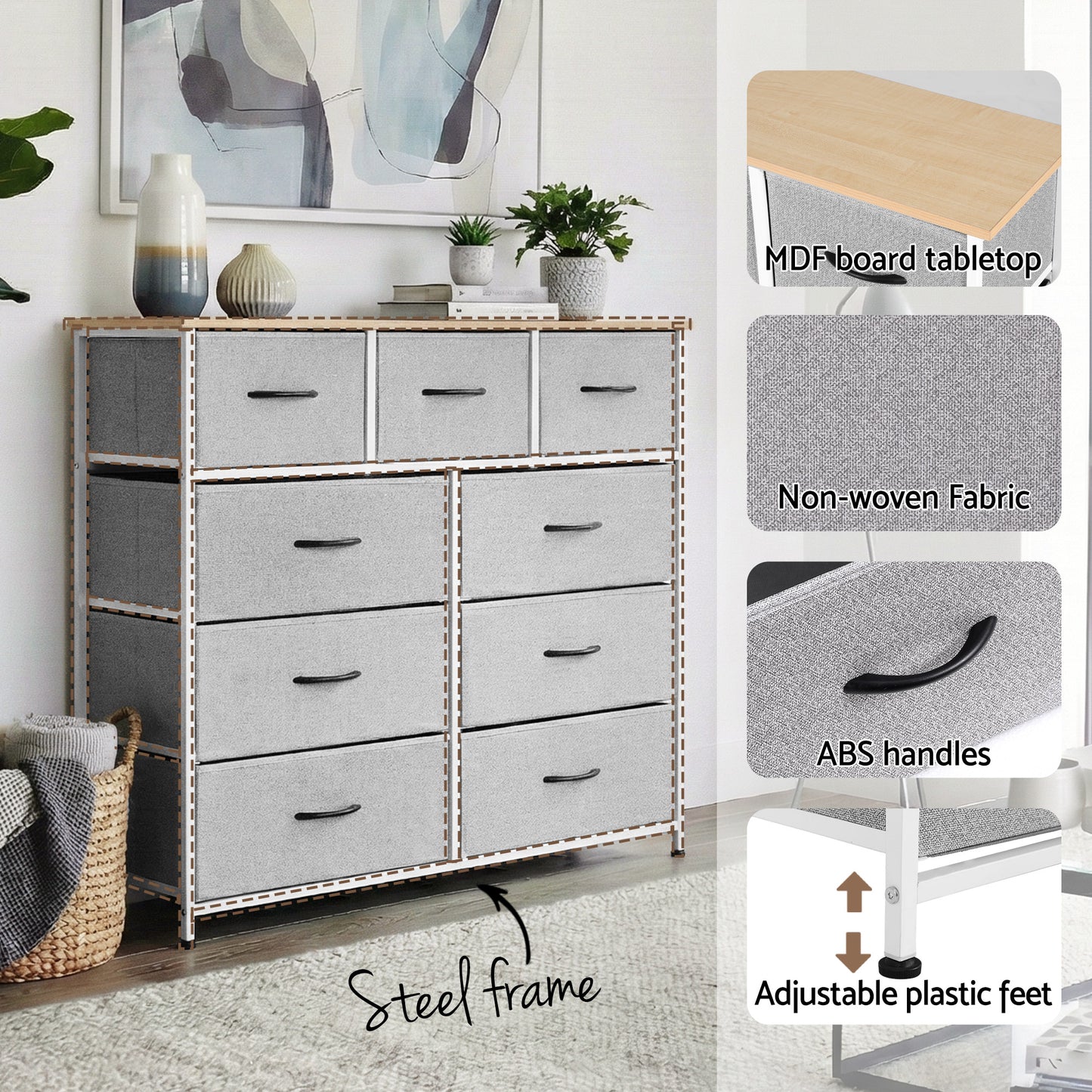 Artiss Chest of 9 Drawers Storage Dresser Tallboy Light Grey