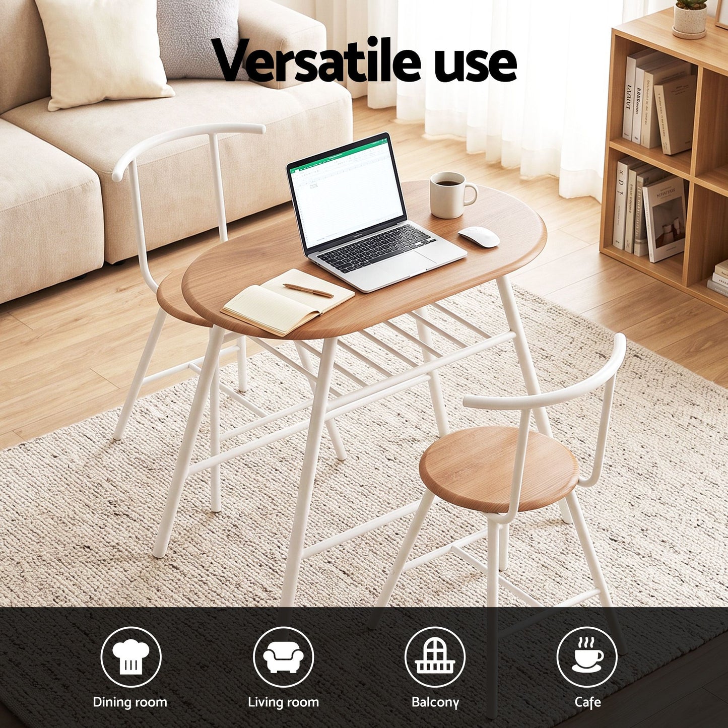 Artiss Oval Dining Table Set 3PC Space-Saving Bistro Kitchen Storage Wine Rack Natural White