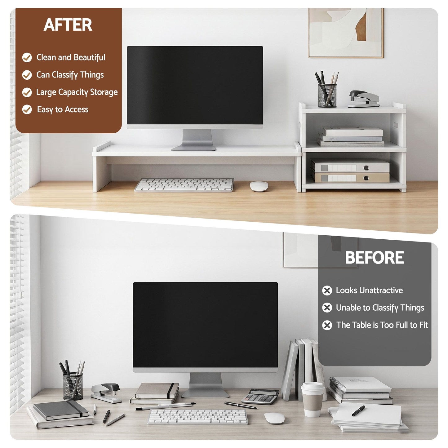 Artiss Monitor Stand and 3-Tier Desk Organiser 2-in-1 Modular Computer Monitor Riser PVC Desktop Shelf Holds 20kg for Office Students Gaming