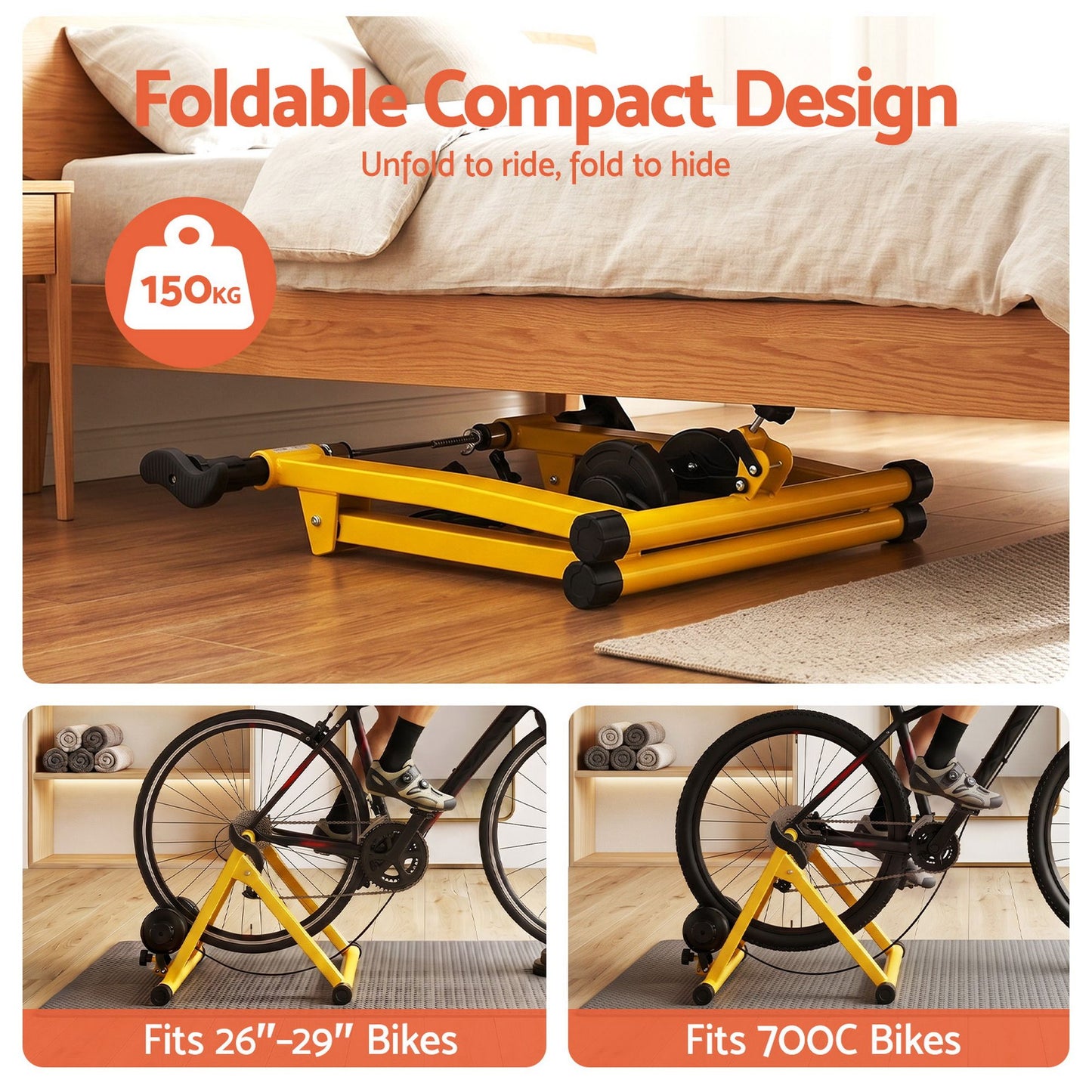 Everfit Bike Trainer Stand Indoor Riding Bicycle 6 Level Cycling Home Gym Yellow