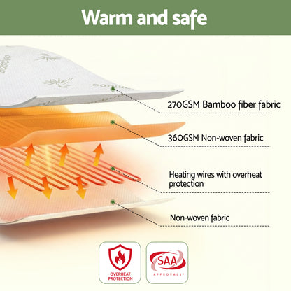 Giselle Electric Blanket Bamboo Fabric King Single Fitted Heated Pad Underlay Washable Winter