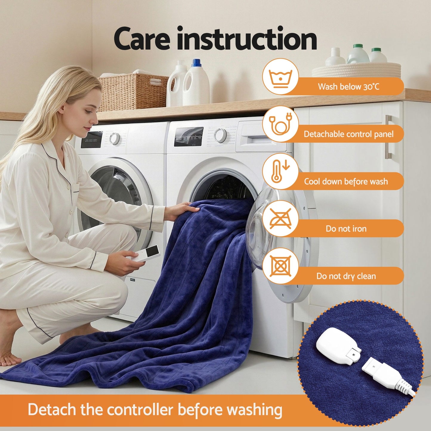 Giselle Electric Throw Rug Double Size 200x180cm Coral Fleece Heated Blanket Navy Blue