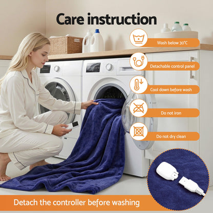 Giselle Electric Throw Rug Double Size 200x180cm Coral Fleece Heated Blanket Navy Blue