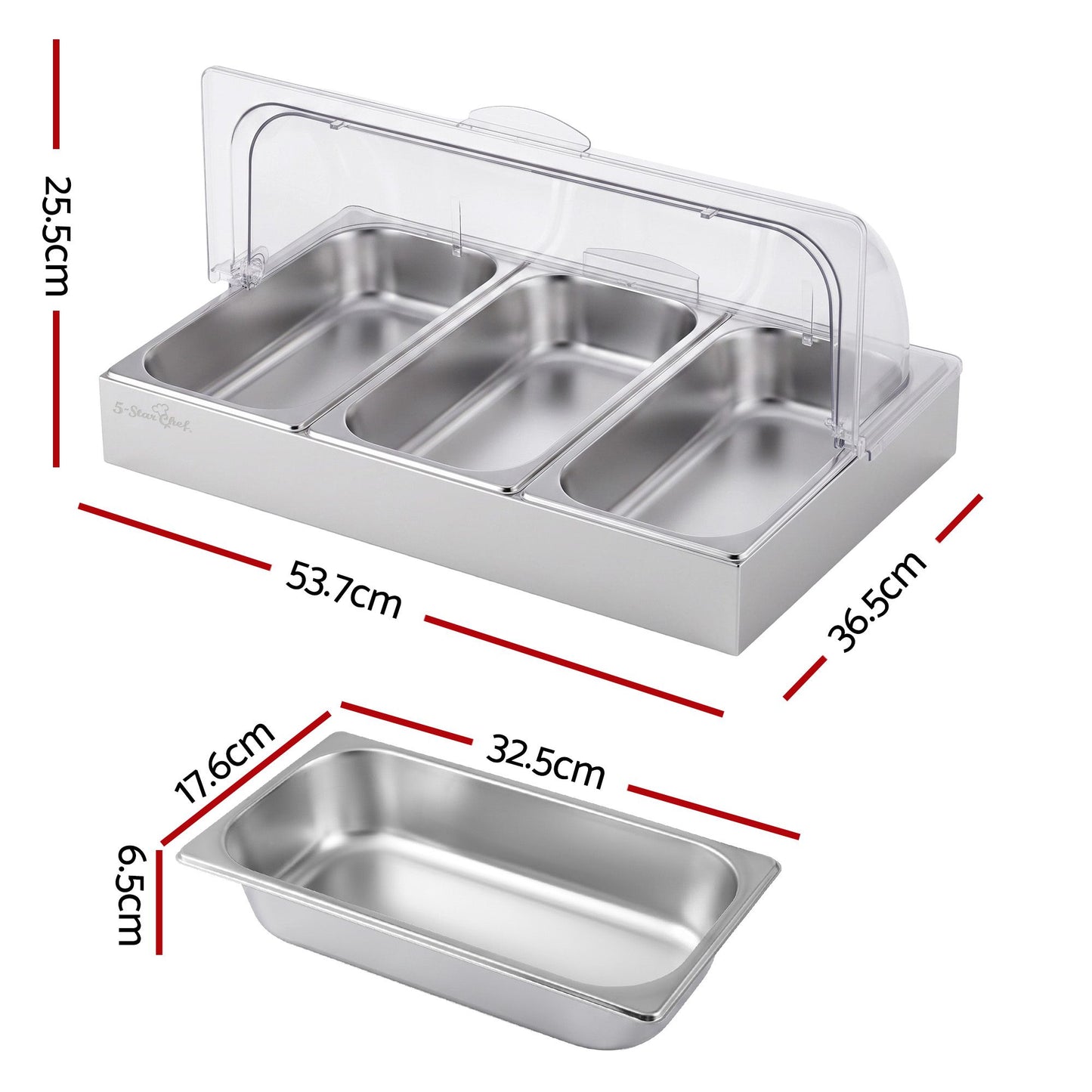5-Star Chef 3 Pan Food Serving Display Stainless Steel with Clear Roll Top Cover