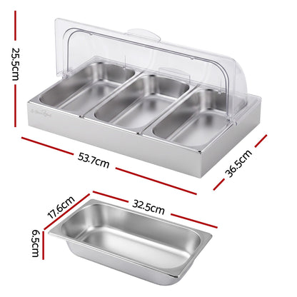 5-Star Chef 3 Pan Food Serving Display Stainless Steel with Clear Roll Top Cover