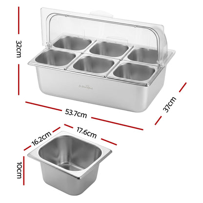 5-Star Chef 6 Pan Food Serving Display Stainless Steel Cooler Platter with Clear Roll Top Cover