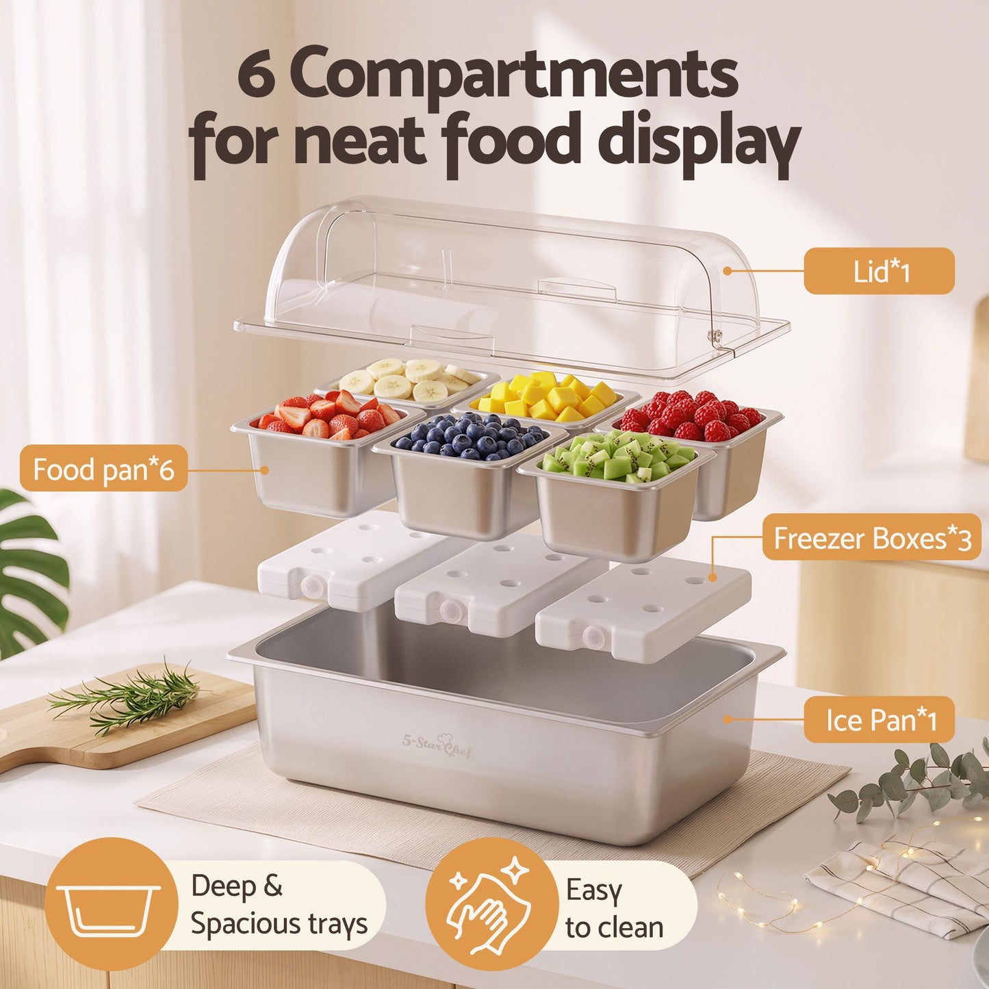 5-Star Chef 6 Pan Food Serving Display Stainless Steel Cooler Platter with Clear Roll Top Cover