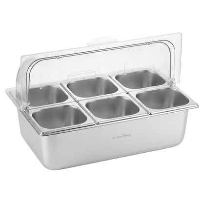 5-Star Chef 6 Pan Food Serving Display Stainless Steel Cooler Platter with Clear Roll Top Cover