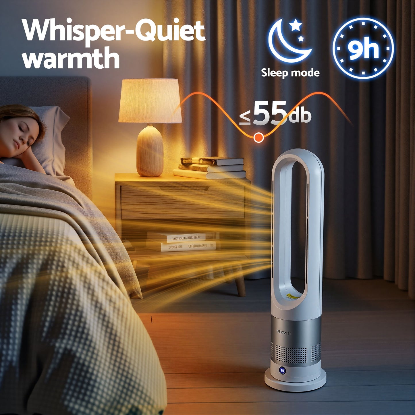 Devanti Bladeless Tower Fan Heater and Cooler 2in1 Portable Oscillation Fan for Bedroom Room Office Use White