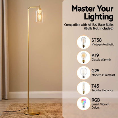 Artiss Floor Lamp Modern Industrial Standing Light with Clear Glass Shade, GoldMetal Tall Lamp for Living Room, Bedroom & Office, Anti-Tipping Weighted Base & Foot Switch (Bulb Not Included)
