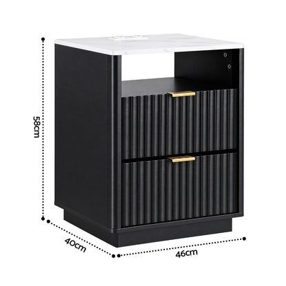 Artiss Bedside Table with Charging Station and 2 Drawers Black