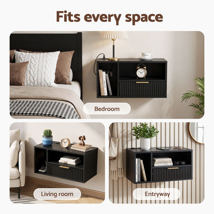 Artiss Floating Bedside Table with Charging Station Black Nightstand 1 Drawer