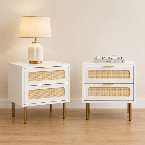 Artiss 2x Rattan Bedside Table 2 Drawers White