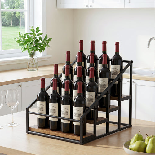 Artiss 4-Tier Wine Rack Tabletop Countertop Wine Bottle Holder 16 Bottles Freestanding Black & Wood