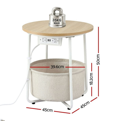Artiss Round Coffee Table Side End Table Charging Station Storage Basket