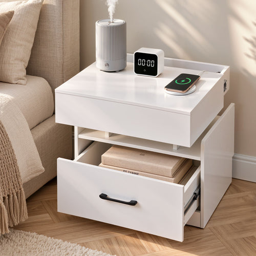 Artiss Bedside Table with Charging Station Drawer Sliding Top Nightstand White