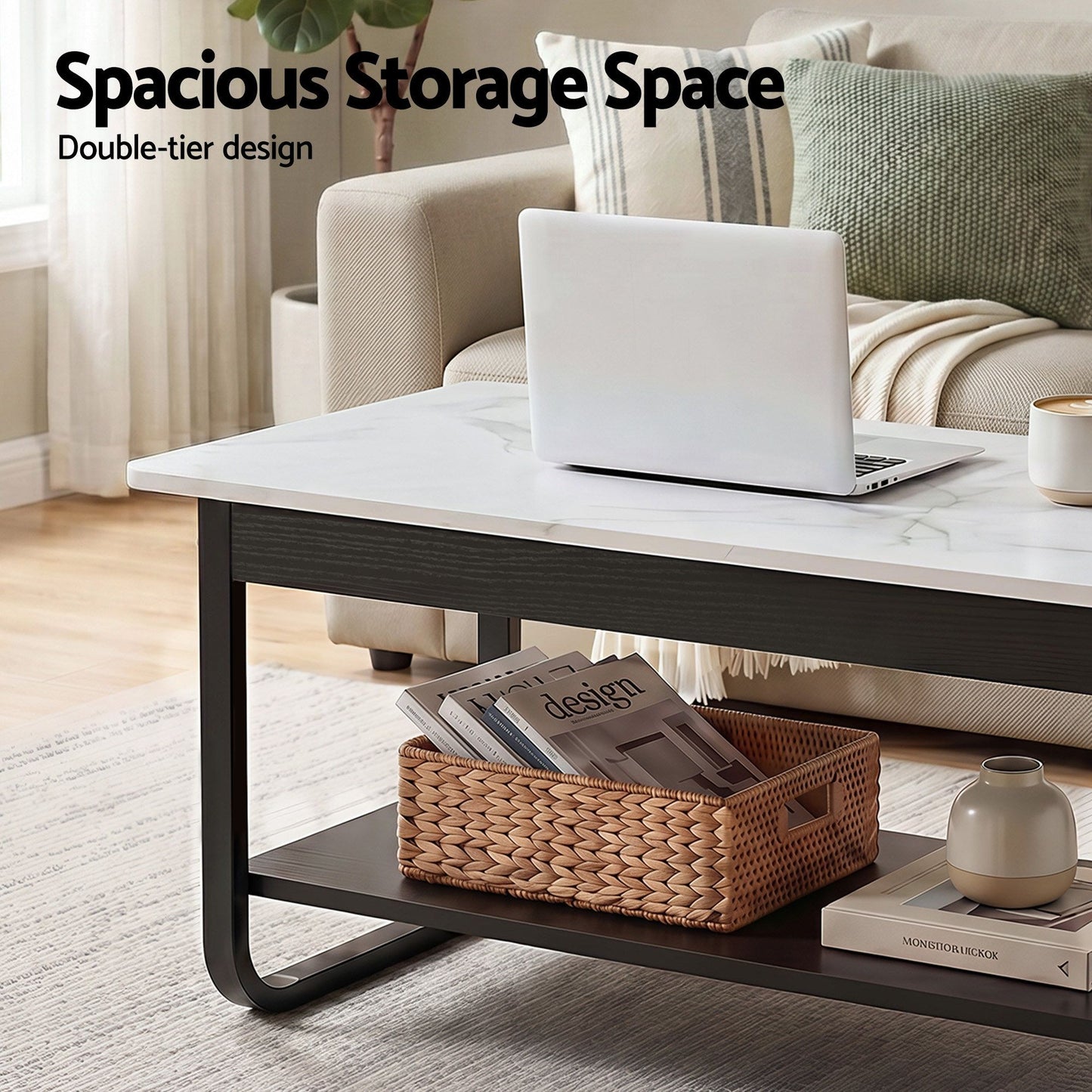Artiss Coffee Table 2-Tier 80CM Marble Finish Shelf Black&White