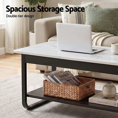 Artiss Coffee Table 2-Tier 80CM Marble Finish Shelf Black&White