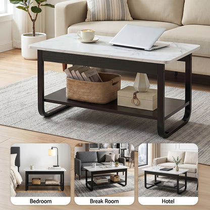 Artiss Coffee Table 2-Tier 80CM Marble Finish Shelf Black&White