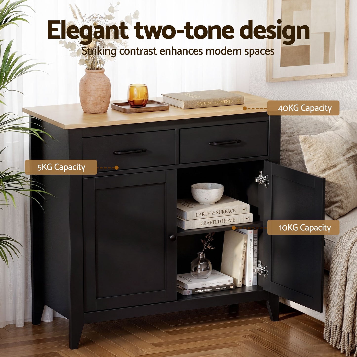 Artiss Buffet Sideboard Cabinet Kitchen Storage Cupboard Pantry 2 Drawers Black