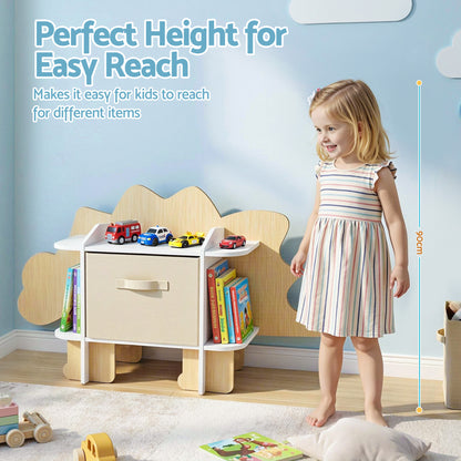 Keezi Dinosaur Kids Bookshelf 2-Tier Children's Bookcase Wooden with with Fabric Drawer, Toddler Bookshelf Toy Storage Organizer for Preschool, Kids Room, Playroom, Nursery